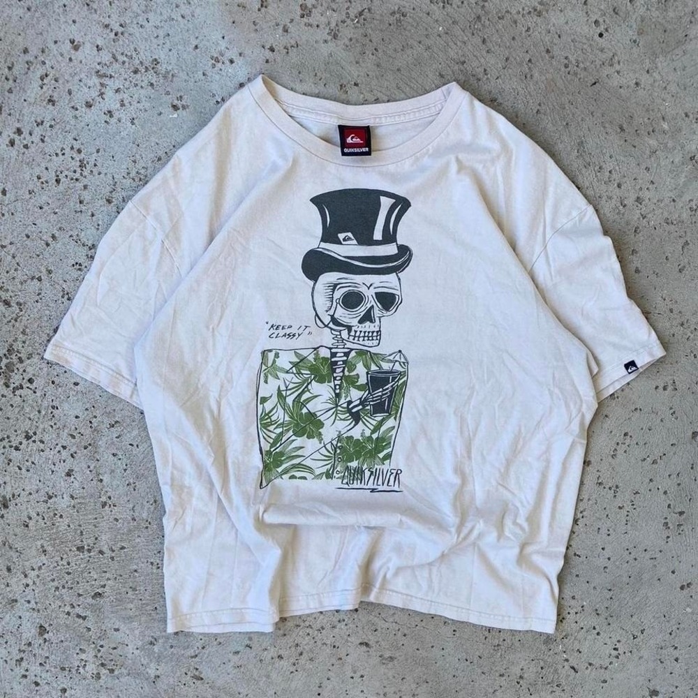 Vintage Quiksilver Skeleton Keep It Classy Surf Skate Shirt Size XL